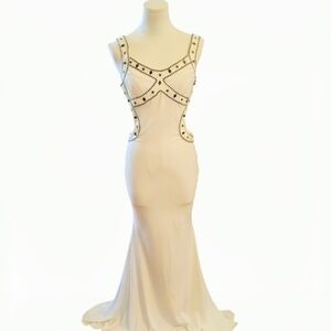 Jovani White Bodycon Backless Beaded Formal Evening Prom Dress With Train Size 4